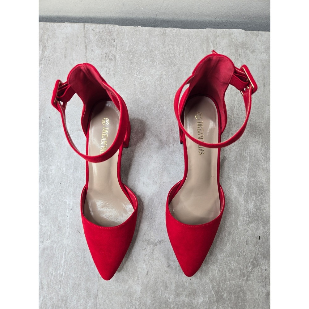 Dream Pairs Ankle Strap Block Heel Pump 9.5 Red Pointed Toe Dressy Retro Shoes - Picture 2 of 10